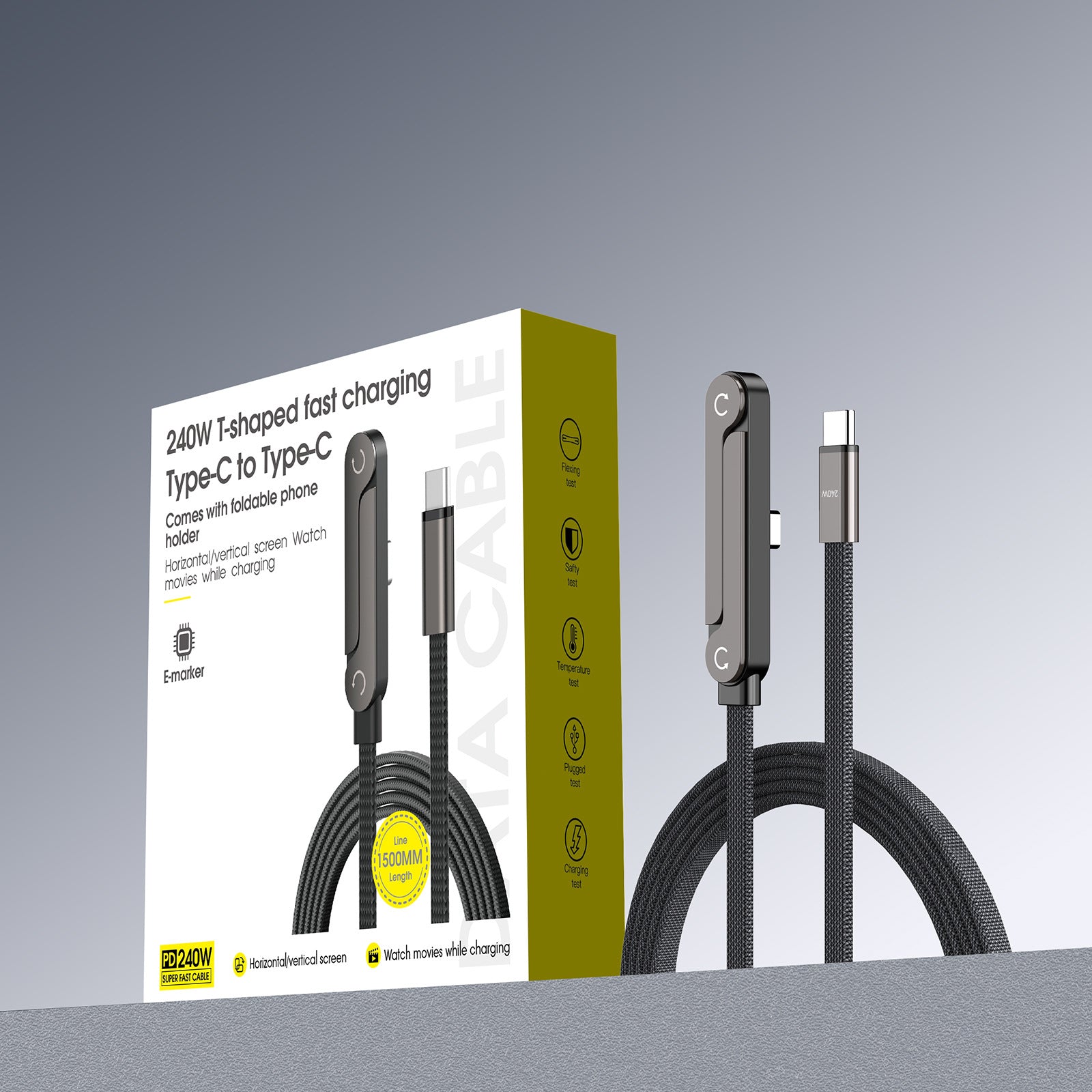Type-C Charging Cable for Huawei and iPhone 17, Bendable Connector, Non-Blocking Design for Gaming Stand, 240W Fast Charging Cable