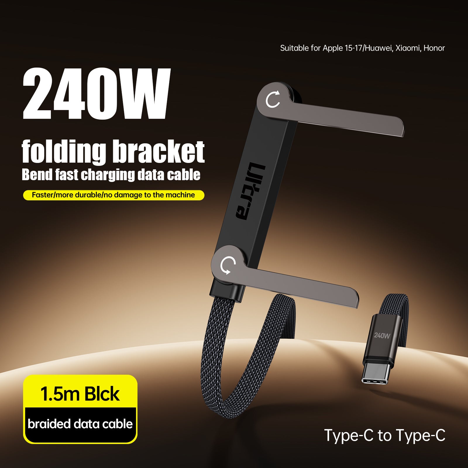 Type-C Charging Cable for Huawei and iPhone 17, Bendable Connector, Non-Blocking Design for Gaming Stand, 240W Fast Charging Cable