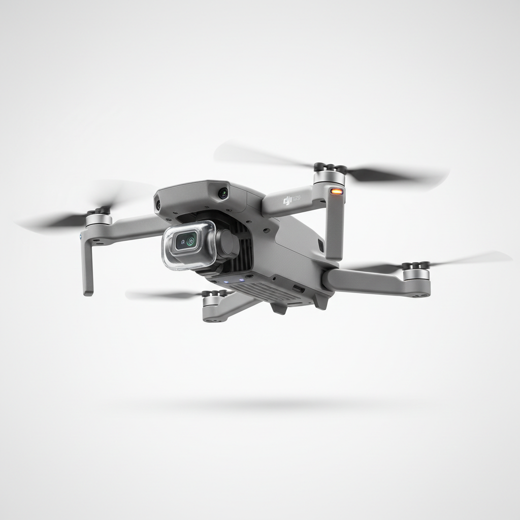DJI Mini 4 Pro drone floating against white background