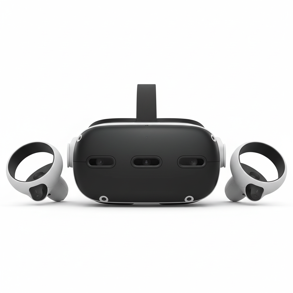 Meta Quest 3 VR headset with controllers on white background